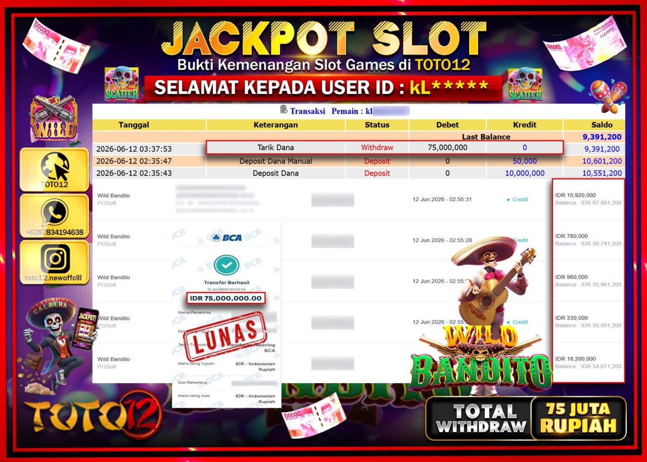 HANYA DI TOTO12 JP PASTI DI BAYAR LUNAS DAN CEPAT!!!!!! JACKPOT SLOT GAME (WILD BANDITO) Rp75.000.000!!!!