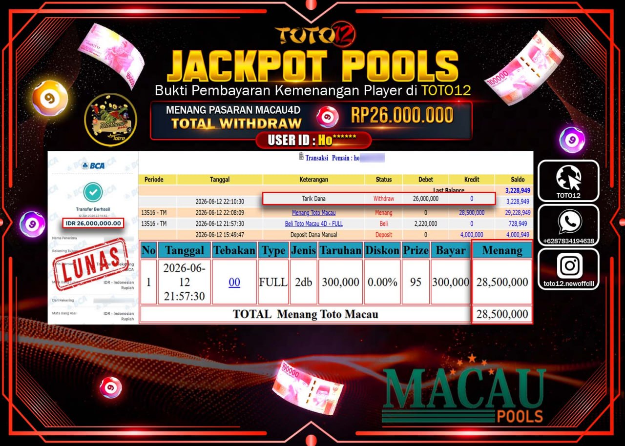 HANYA DI TOTO12 JP PASTI DI BAYAR LUNAS DAN CEPAT!!!!!! JACKPOT POOLS PASARAN (MACAU 4D) Rp26.000.000!!!!