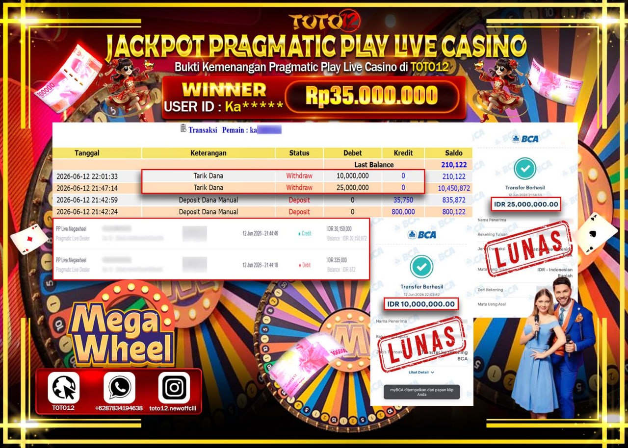 HANYA DI TOTO12 JP PASTI DI BAYAR LUNAS DAN CEPAT!!!!!! JACKPOT PRAGMATIC PLAY LIVE GAME CASINO (PP LIVE MEGAWHEEL) Rp35.000.000!!!!