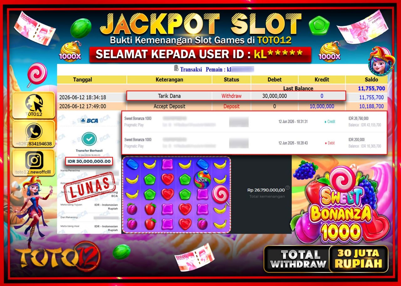 HANYA DI TOTO12 JP PASTI DI BAYAR LUNAS DAN CEPAT!!!!!! JACKPOT SLOT GAME (SWEET BONANZA 1000) Rp30.000.000!!!!