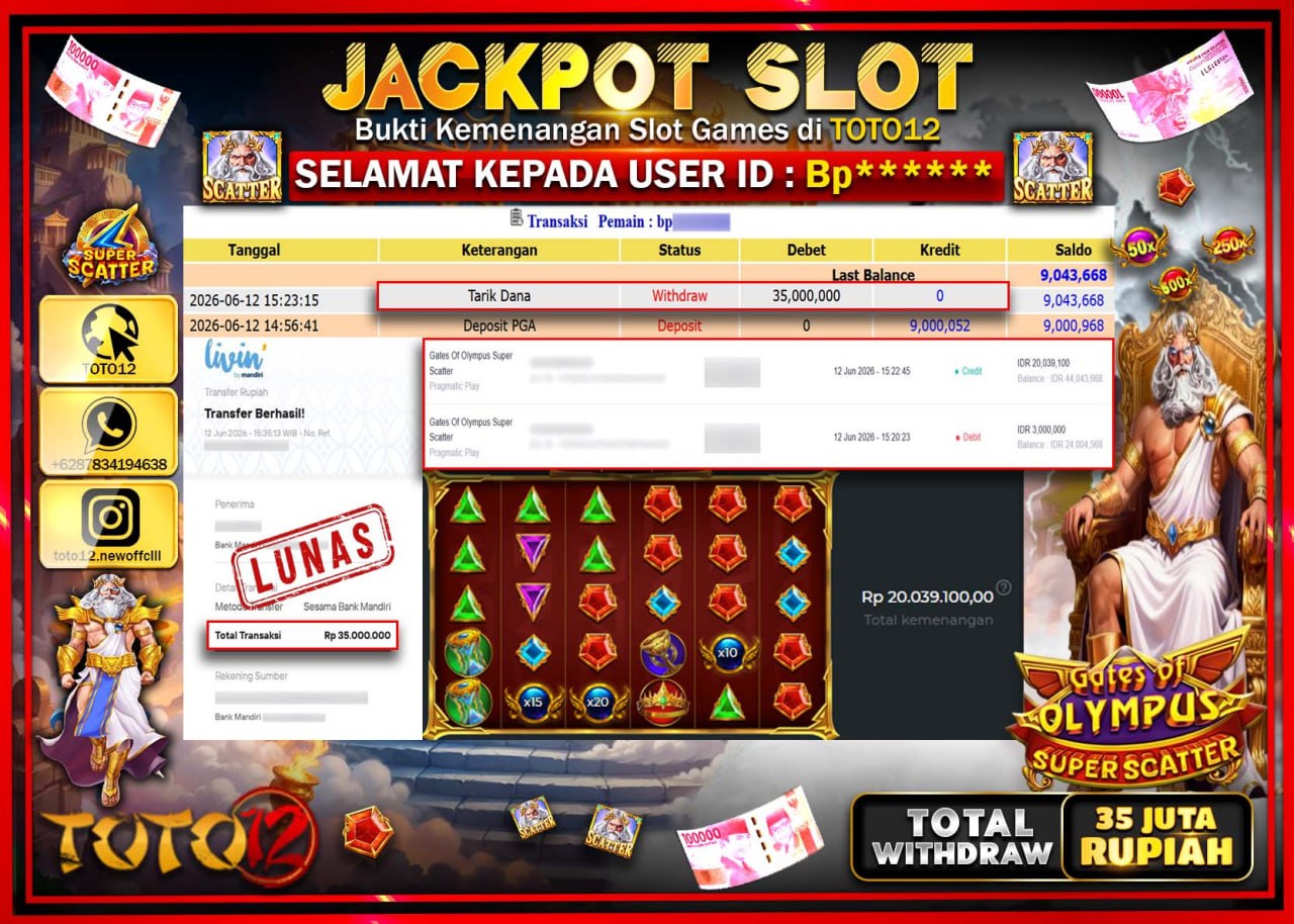 HANYA DI TOTO12 JP PASTI DI BAYAR LUNAS DAN CEPAT!!!!!! JACKPOT SLOT GAME (GATES OF OLYMPUS SUPER SCATTER) Rp35.000.000!!!!