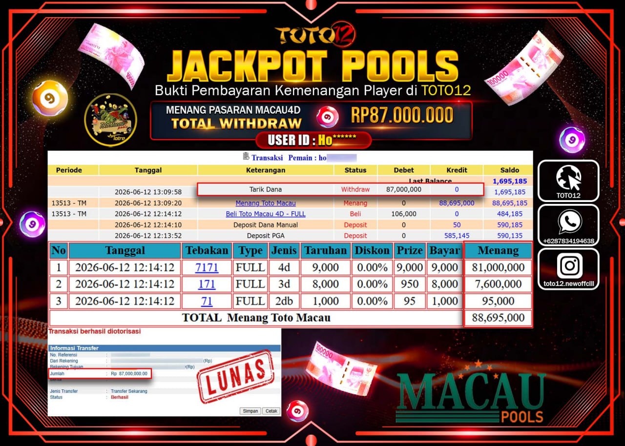 HANYA DI TOTO12 JP PASTI DI BAYAR LUNAS DAN CEPAT!!!!!! JACKPOT POOLS PASARAN (MACAU 4D) Rp87.000.000!!!!