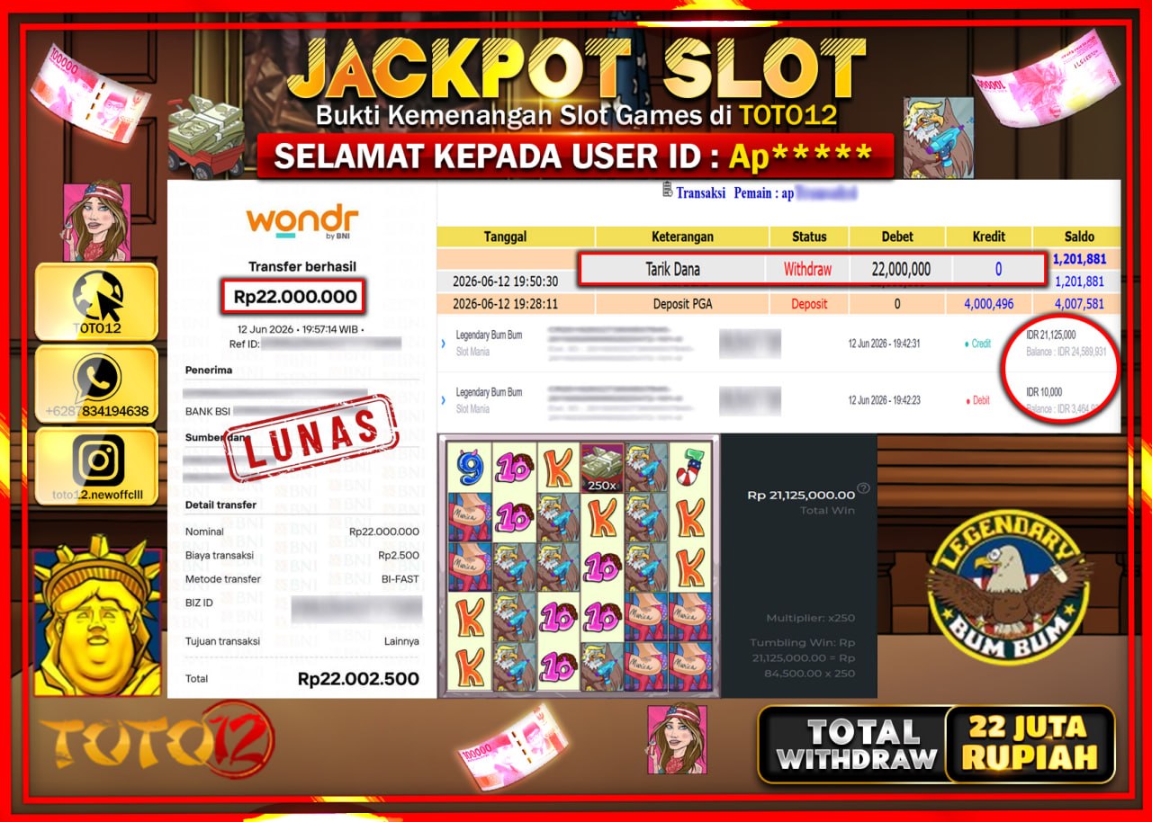 HANYA DI TOTO12 JP PASTI DI BAYAR LUNAS DAN CEPAT!!!!!! JACKPOT SLOT GAME (LEGENDARY BUM BUM) Rp22.000.000!!!!