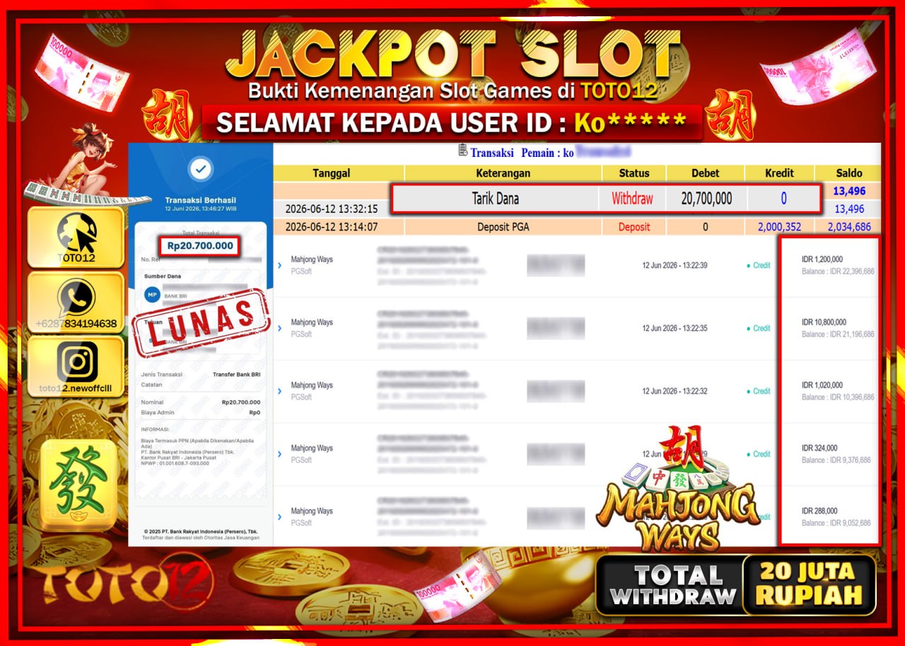 HANYA DI TOTO12 JP PASTI DI BAYAR LUNAS DAN CEPAT!!!!!! JACKPOT SLOT GAME (MAHJONG WAYS) Rp20.700.000!!!!