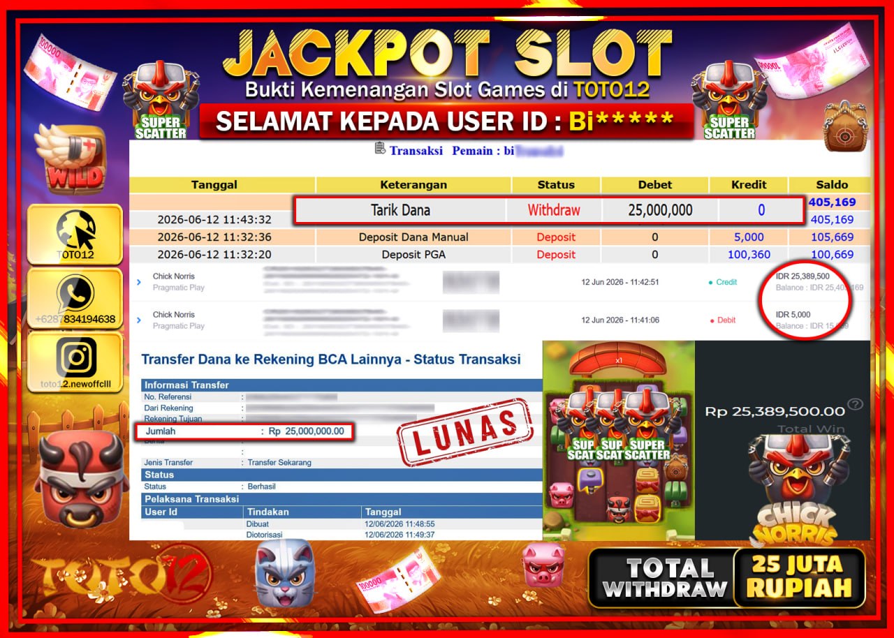 HANYA DI TOTO12 JP PASTI DI BAYAR LUNAS DAN CEPAT!!!!!! JACKPOT SLOT GAME (CHICK NOMIS) Rp25.000.000!!!!