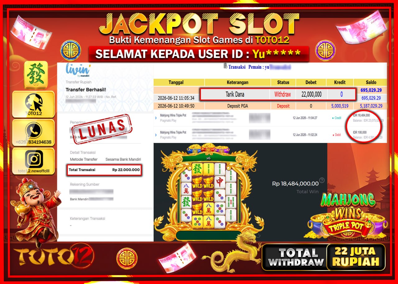 HANYA DI TOTO12 JP PASTI DI BAYAR LUNAS DAN CEPAT!!!!!! JACKPOT SLOT GAME (MAHJONG WINS TRIPLE POT) Rp22.000.000!!!!