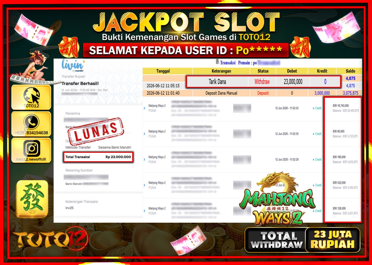 HANYA DI TOTO12 JP PASTI DI BAYAR LUNAS DAN CEPAT!!!!!! JACKPOT SLOT GAME (MAHJONG WAYS 2) Rp23.000.000!!!!