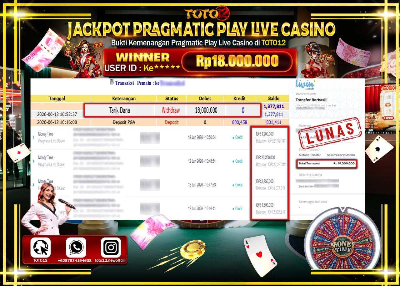 HANYA DI TOTO12 JP PASTI DI BAYAR LUNAS DAN CEPAT!!!!!! JACKPOT PRAGMATIC PLAY LIVE GAME CASINO (MONEY TIME) Rp18.000.000!!!!