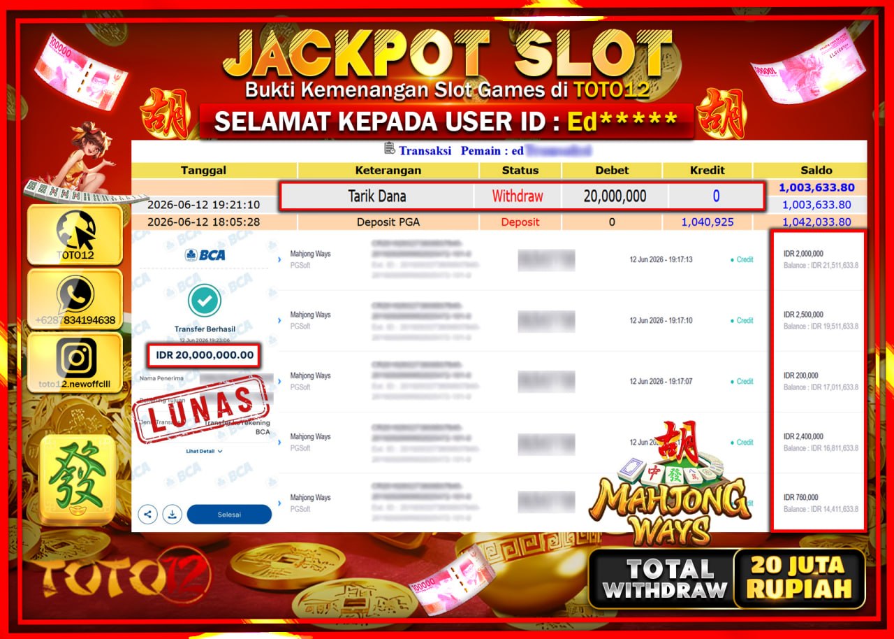 HANYA DI TOTO12 JP PASTI DI BAYAR LUNAS DAN CEPAT!!!!!! JACKPOT SLOT GAME (MAHJONG WAYS) Rp20.000.000!!!!