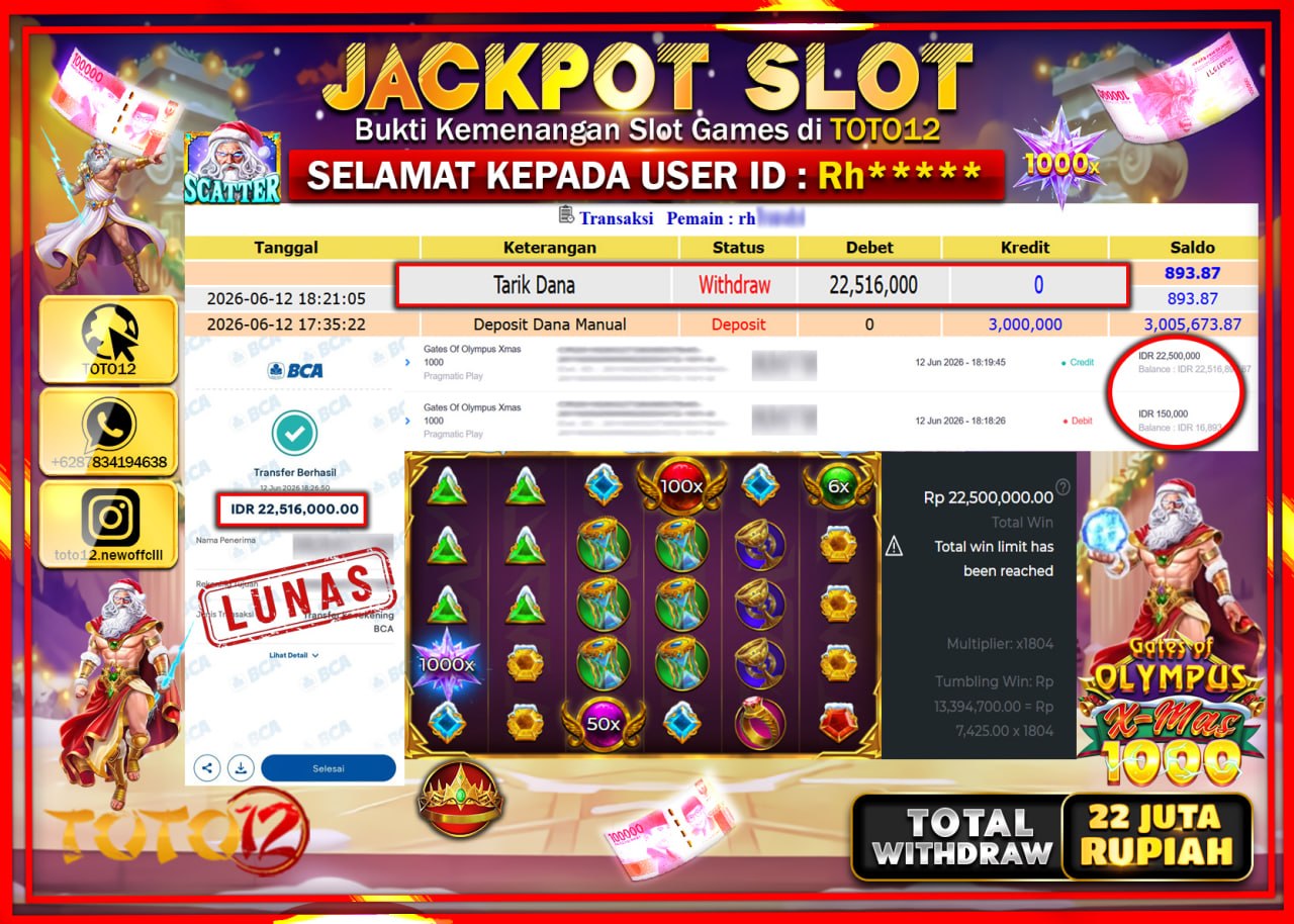 HANYA DI TOTO12 JP PASTI DI BAYAR LUNAS DAN CEPAT!!!!!! JACKPOT SLOT GAME (GATES OF OLYMPUS XMAX 1000) Rp22.516.000!!!!
