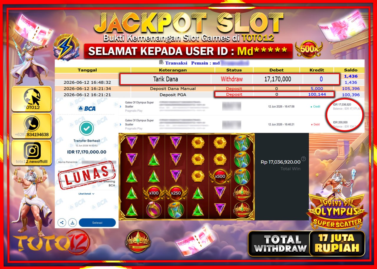 HANYA DI TOTO12 JP PASTI DI BAYAR LUNAS DAN CEPAT!!!!!! JACKPOT SLOT GAME (GATES OF OLYMPUS SUPER SCATTER) Rp17.170.000!!!!