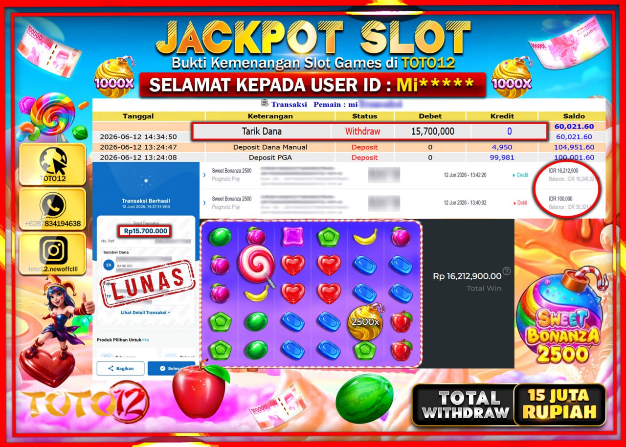 HANYA DI TOTO12 JP PASTI DI BAYAR LUNAS DAN CEPAT!!!!!! JACKPOT SLOT GAME (SWEET BONANZA 2500) Rp15.700.000!!!!