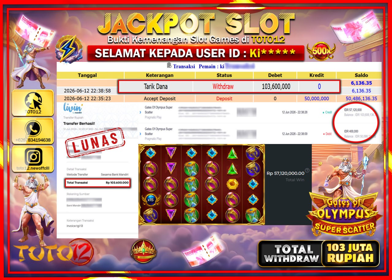HANYA DI TOTO12 JP PASTI DI BAYAR LUNAS DAN CEPAT!!!!!! JACKPOT SLOT GAME (GATES OF OLYMPUS SUPER SCATTER) Rp103.600.000!!!!