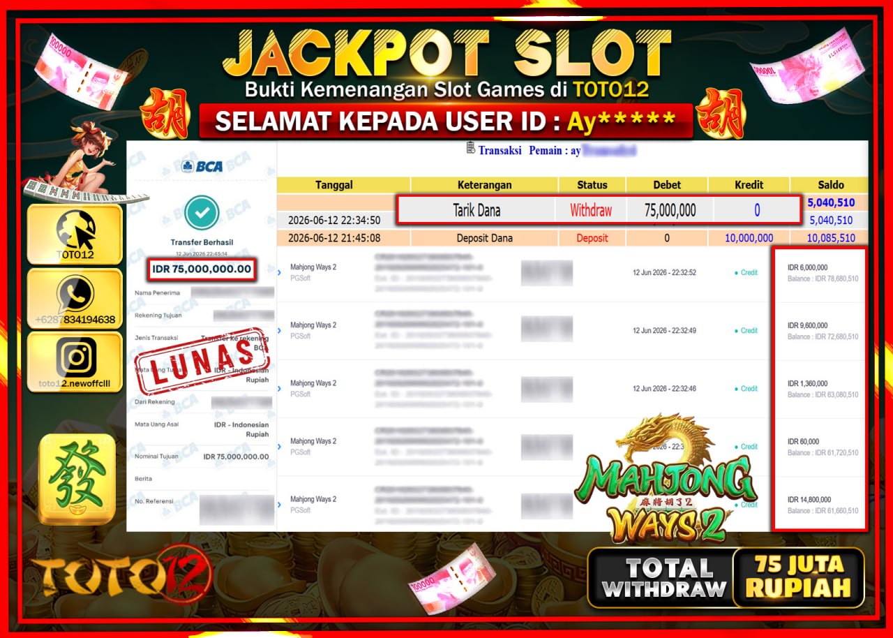 HANYA DI TOTO12 JP PASTI DI BAYAR LUNAS DAN CEPAT!!!!!! JACKPOT SLOT GAME (MAHJONG WAYS 2) Rp75.000.000!!!!