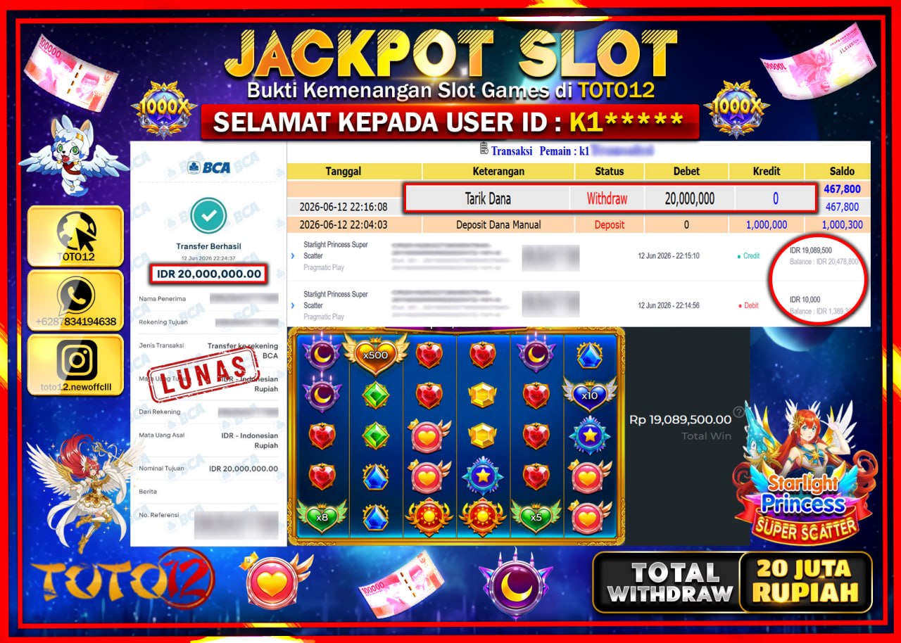 HANYA DI TOTO12 JP PASTI DI BAYAR LUNAS DAN CEPAT!!!!!! JACKPOT SLOT GAME (STARLIGHT PRINCESS SUPER SCATTER) Rp20.000.000!!!!