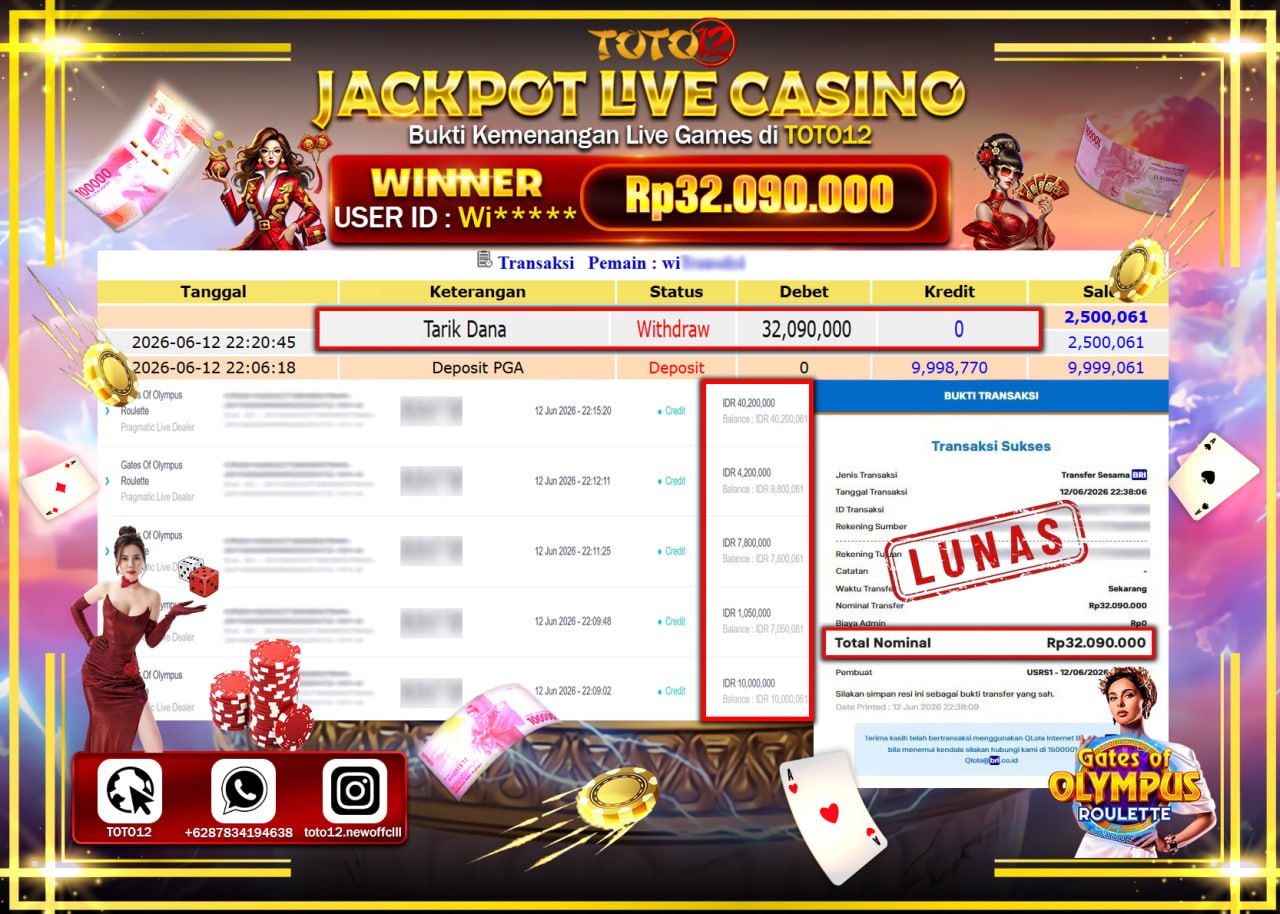 HANYA DI TOTO12 JP PASTI DI BAYAR LUNAS DAN CEPAT!!!!!! JACKPOT  LIVE GAME CASINO (GATES OF OLYMPUS ROULETTE) Rp32.090.000!!!!