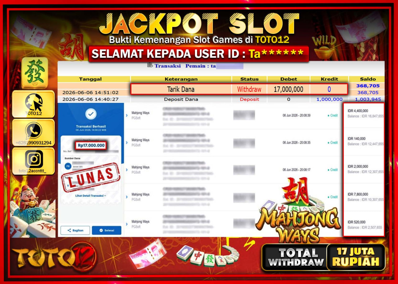 HANYA DI TOTO12 JP PASTI DI BAYAR LUNAS DAN CEPAT!!!!!! JACKPOT SLOT GAME (MAHJONG WAYS) Rp17.000.000!!!!