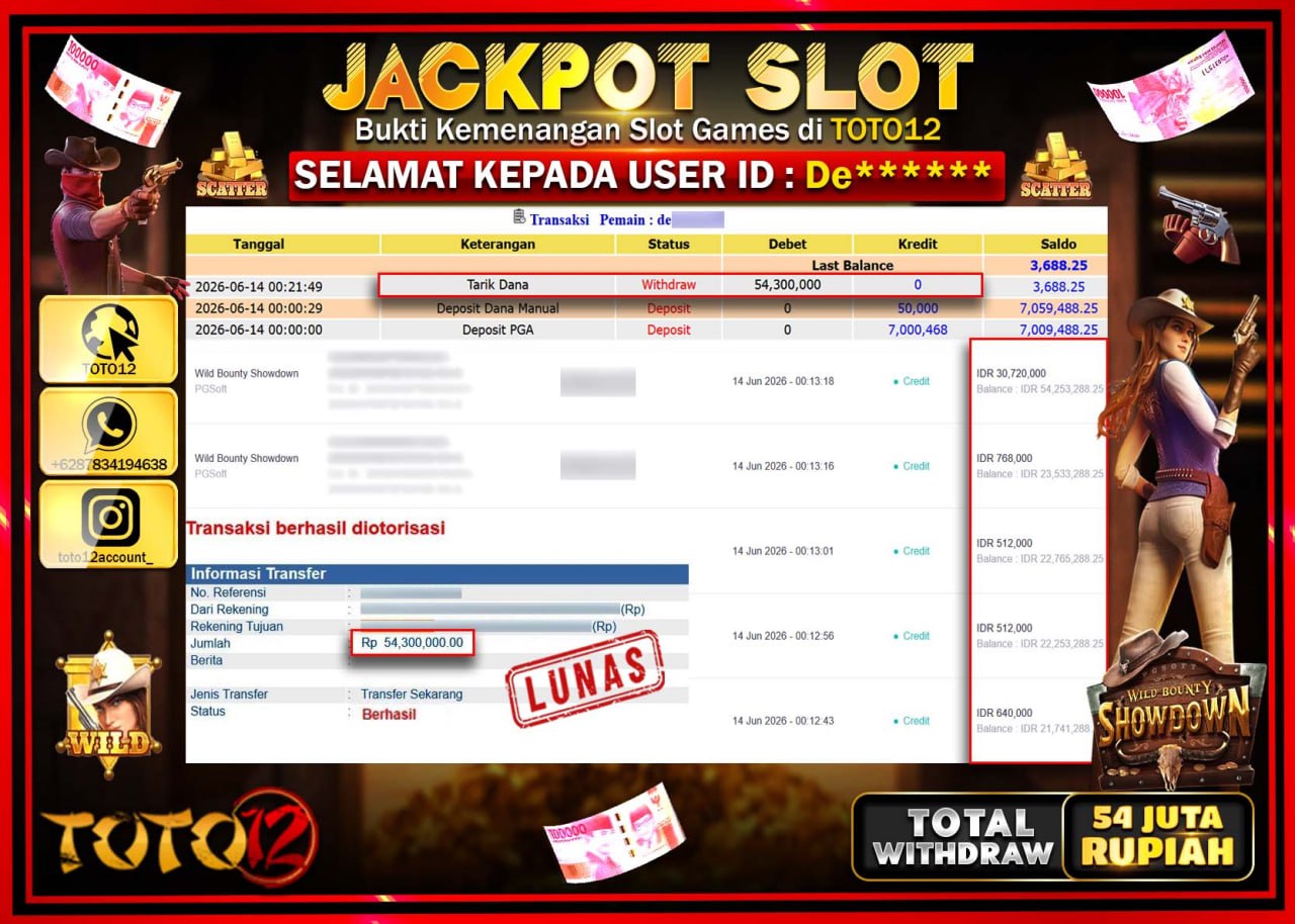 HANYA DI TOTO12 JP PASTI DI BAYAR LUNAS DAN CEPAT!!!!!! JACKPOT SLOT GAME (WILD BOUNTY SHOWDOWN) Rp54.300.000!!!!