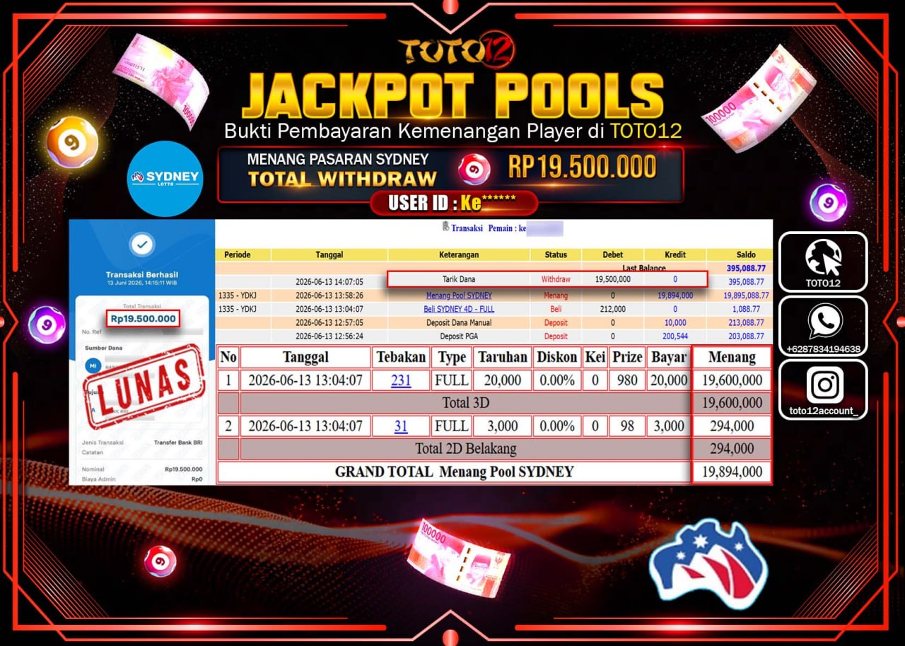 HANYA DI TOTO12 JP PASTI DI BAYAR LUNAS DAN CEPAT!!!!!! JACKPOT POOLS PASARAN (SYDNEY) Rp19.500.000!!!!