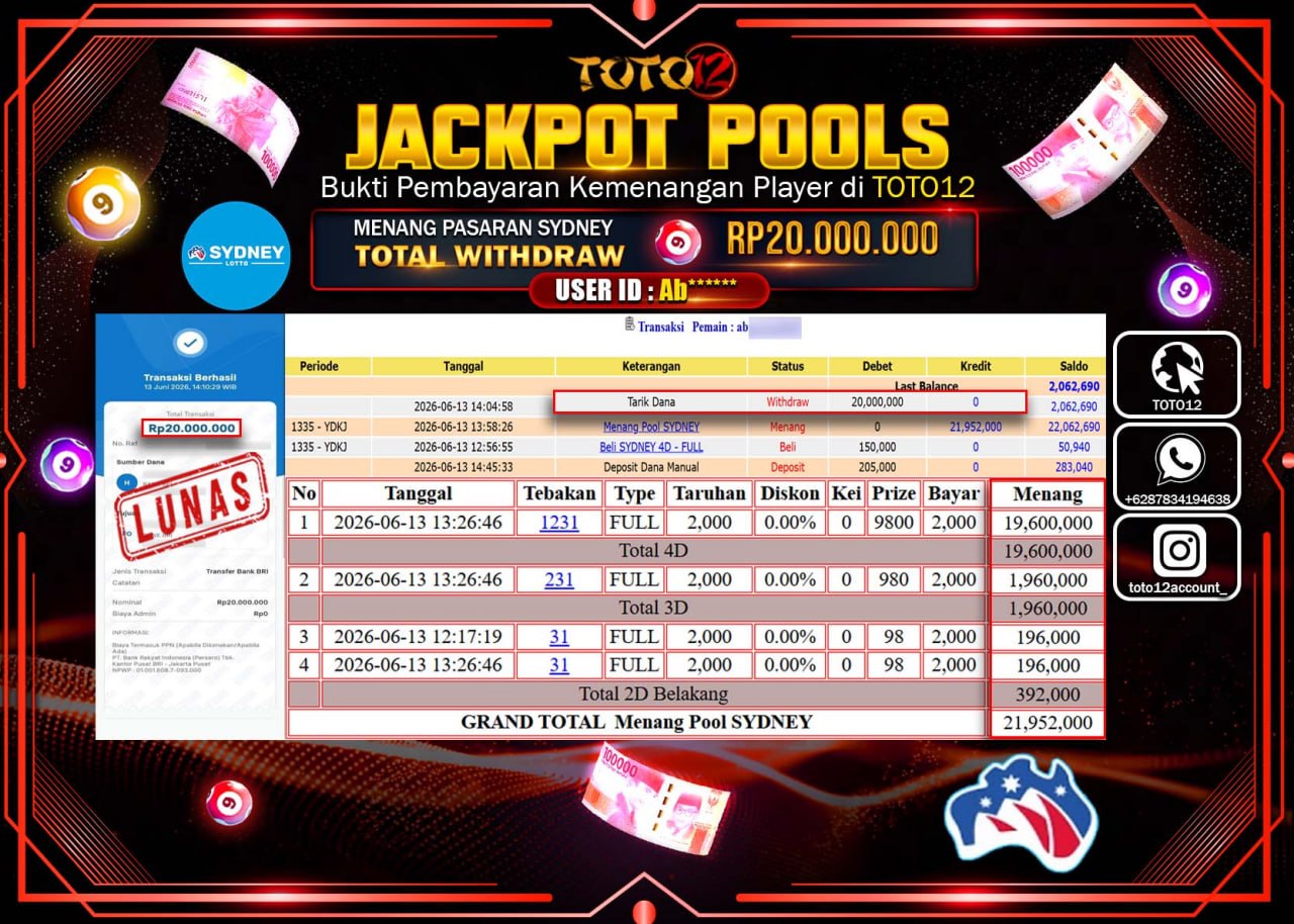 HANYA DI TOTO12 JP PASTI DI BAYAR LUNAS DAN CEPAT!!!!!! JACKPOT POOLS PASARAN (SYDNEY) Rp20.000.000!!!!