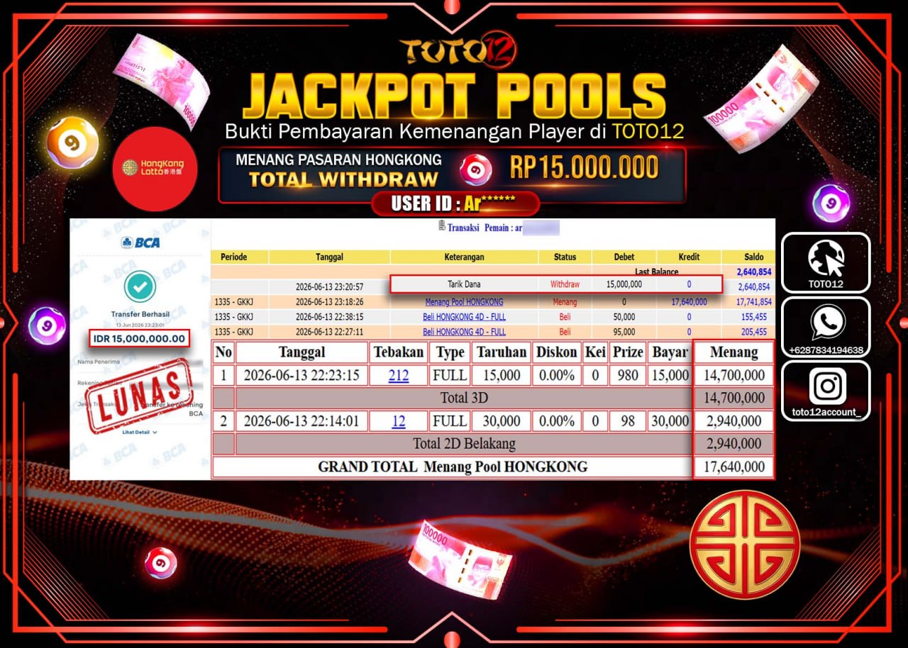 HANYA DI TOTO12 JP PASTI DI BAYAR LUNAS DAN CEPAT!!!!!! JACKPOT POOLS PASARAN (HONGKONG) Rp15.000.000!!!!