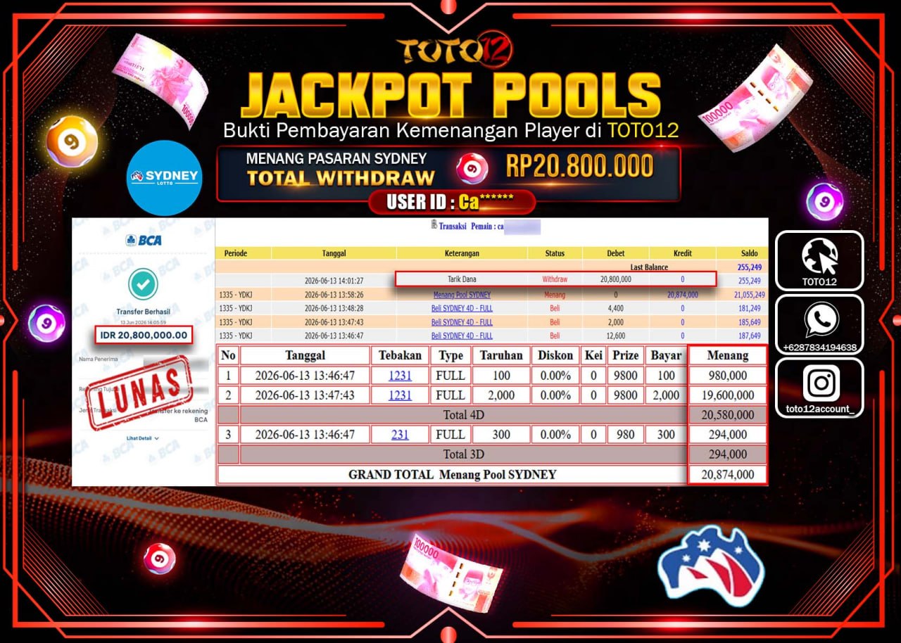 HANYA DI TOTO12 JP PASTI DI BAYAR LUNAS DAN CEPAT!!!!!! JACKPOT POOLS PASARAN (SYDNEY) Rp20.800.000!!!!