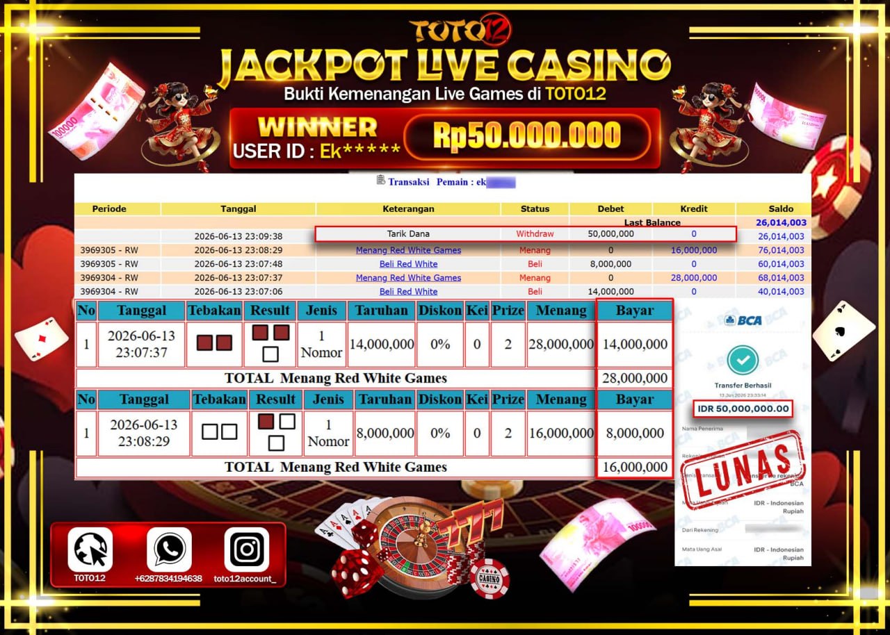HANYA DI TOTO12 JP PASTI DI BAYAR LUNAS DAN CEPAT!!!!!! JACKPOT  LIVE GAME CASINO (RED WHITE) Rp50.000.000!!!!