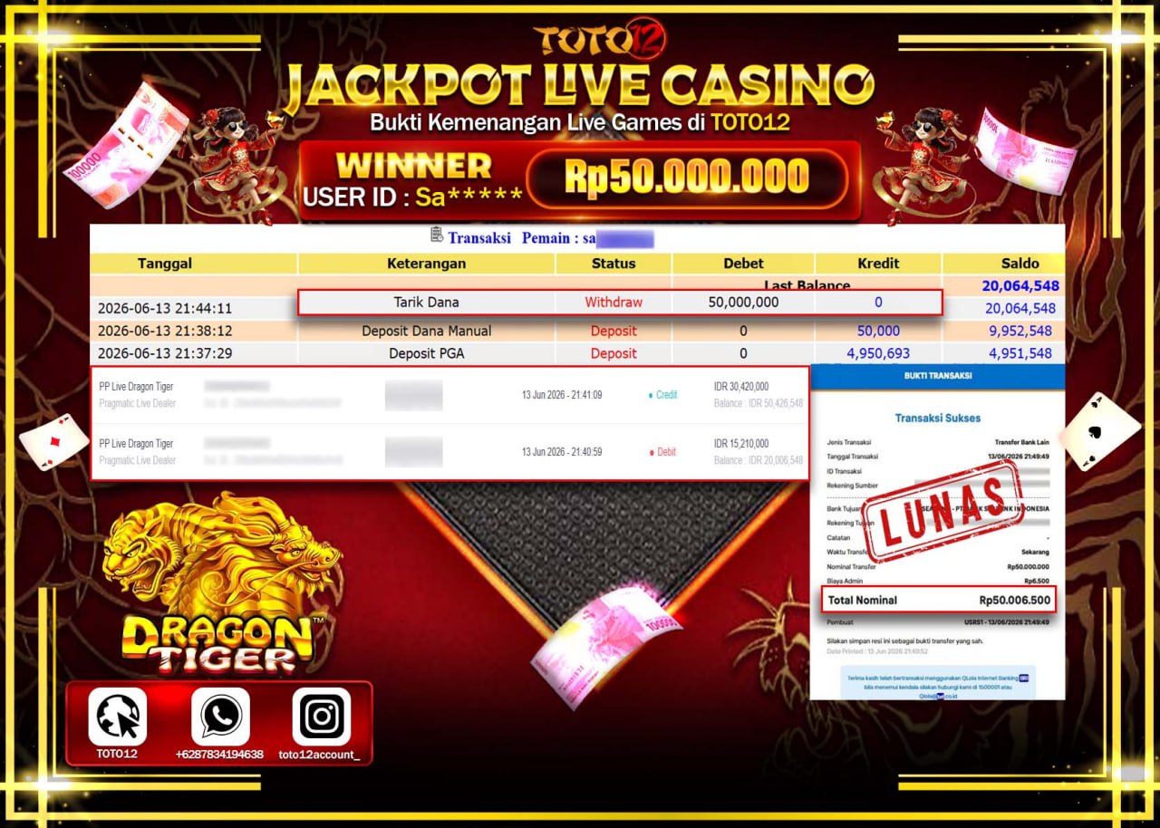 HANYA DI TOTO12 JP PASTI DI BAYAR LUNAS DAN CEPAT!!!!!! JACKPOT  LIVE GAME CASINO (PP LIVE DRAGON TIGER) Rp50.000.000!!!!