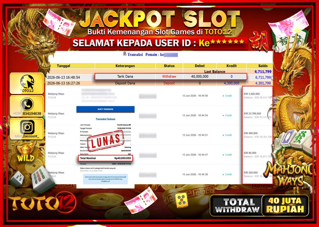 HANYA DI TOTO12 JP PASTI DI BAYAR LUNAS DAN CEPAT!!!!!! JACKPOT SLOT GAME (MAHJONG WAYS) Rp40.000.000!!!!