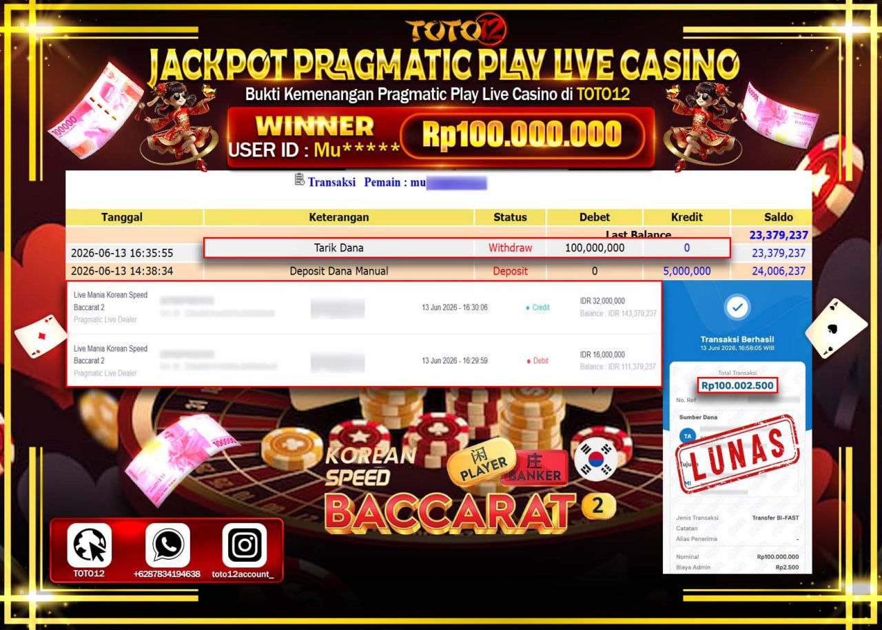 HANYA DI TOTO12 JP PASTI DI BAYAR LUNAS DAN CEPAT!!!!!! JACKPOT PRAGMATIC PLAY LIVE GAME CASINO (LIVE MANIA KOREAN SPEED BACCARAT 2) Rp100.000.000!!!!