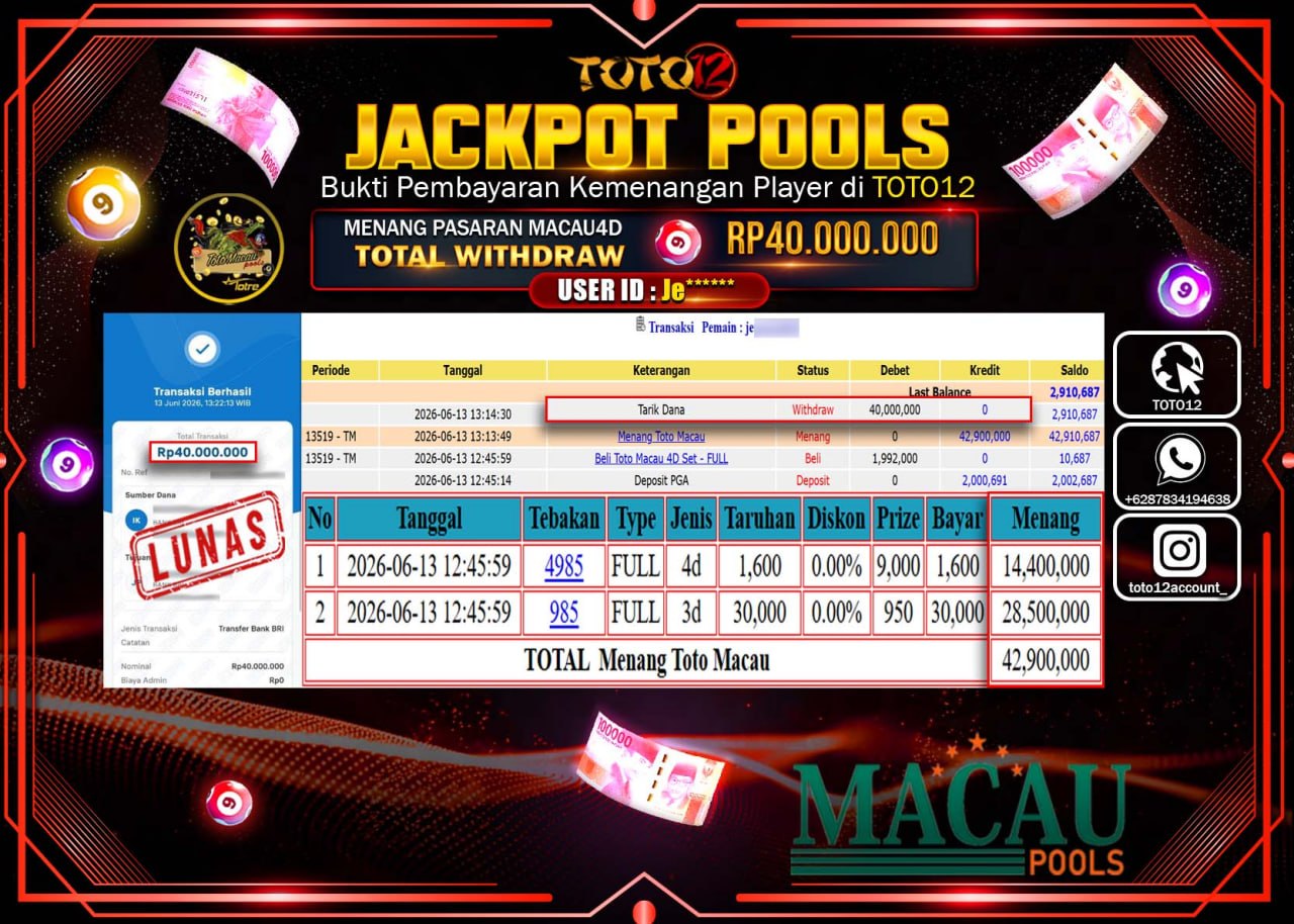 HANYA DI TOTO12 JP PASTI DI BAYAR LUNAS DAN CEPAT!!!!!! JACKPOT POOLS PASARAN (MACAU 4D) Rp40.000.000!!!!