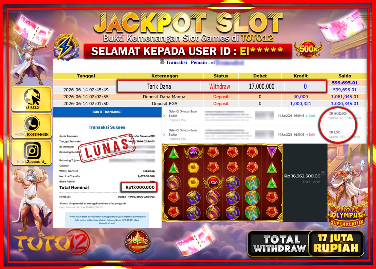 HANYA DI TOTO12 JP PASTI DI BAYAR LUNAS DAN CEPAT!!!!!! JACKPOT SLOT GAME (GATES OF OLYMPUS SUPER SCATTER) Rp17.000.000!!!!