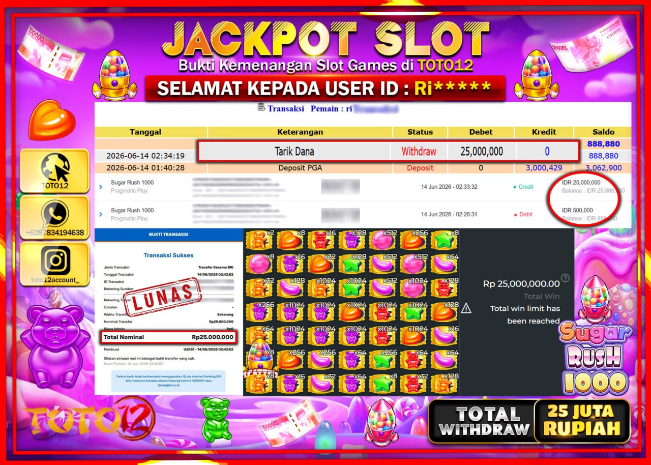 HANYA DI TOTO12 JP PASTI DI BAYAR LUNAS DAN CEPAT!!!!!! JACKPOT SLOT GAME (SUGAR RUSH 1000) Rp25.000.000!!!!