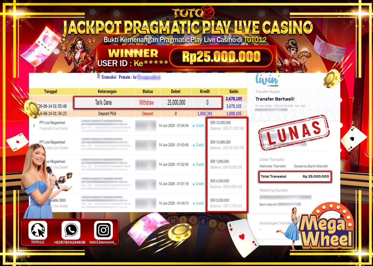 HANYA DI TOTO12 JP PASTI DI BAYAR LUNAS DAN CEPAT!!!!!! JACKPOT PRAGMATIC PLAY LIVE GAME CASINO (PP LIVE MEGA WHEEL) Rp25.000.000!!!!
