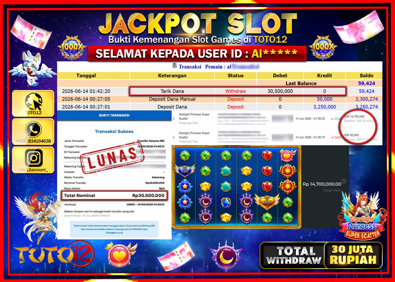 HANYA DI TOTO12 JP PASTI DI BAYAR LUNAS DAN CEPAT!!!!!! JACKPOT SLOT GAME (STARLIGHT PRINCESS SUPER SCATTER) Rp30.500.000!!!!