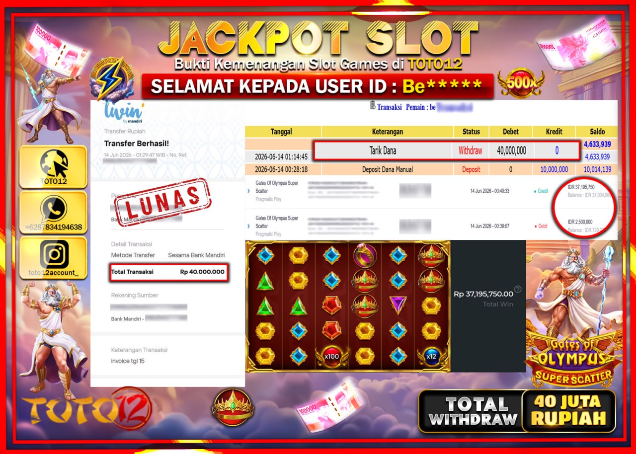 HANYA DI TOTO12 JP PASTI DI BAYAR LUNAS DAN CEPAT!!!!!! JACKPOT SLOT GAME (GATES OF OLYMPUS SUPER SCATTER) Rp40.000.000!!!!