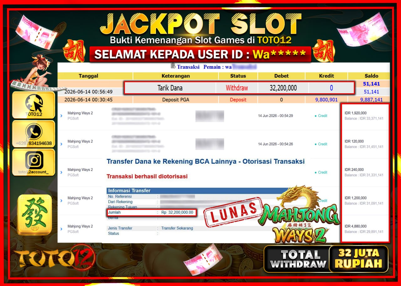 HANYA DI TOTO12 JP PASTI DI BAYAR LUNAS DAN CEPAT!!!!!! JACKPOT SLOT GAME (MAHJONG WAYS 2) Rp32.200.000!!!!
