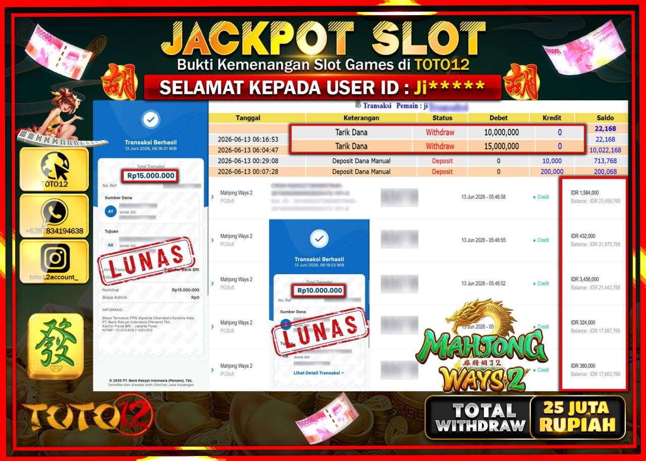 HANYA DI TOTO12 JP PASTI DI BAYAR LUNAS DAN CEPAT!!!!!! JACKPOT SLOT GAME (MAHJONG WAYS 2) Rp25.000.000!!!!