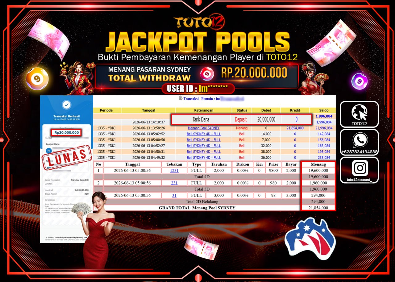 HANYA DI TOTO12 JP PASTI DI BAYAR LUNAS DAN CEPAT!!!!!! JACKPOT POOLS PASARAN (SYDNEY) Rp20.000.000!!!!