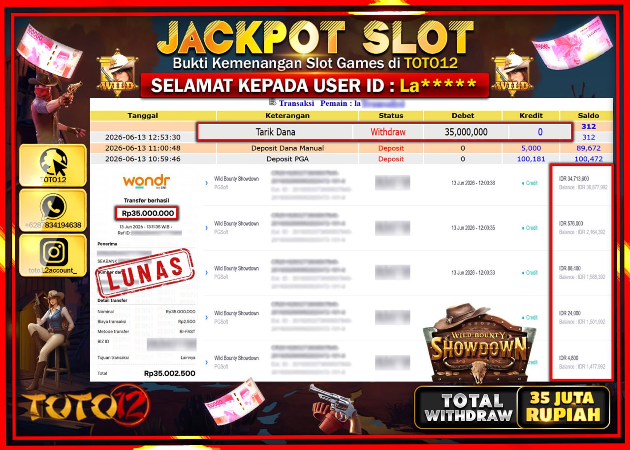 HANYA DI TOTO12 JP PASTI DI BAYAR LUNAS DAN CEPAT!!!!!! JACKPOT SLOT GAME (WILD BOUNTY SHOWDOWN) Rp35.000.000!!!!