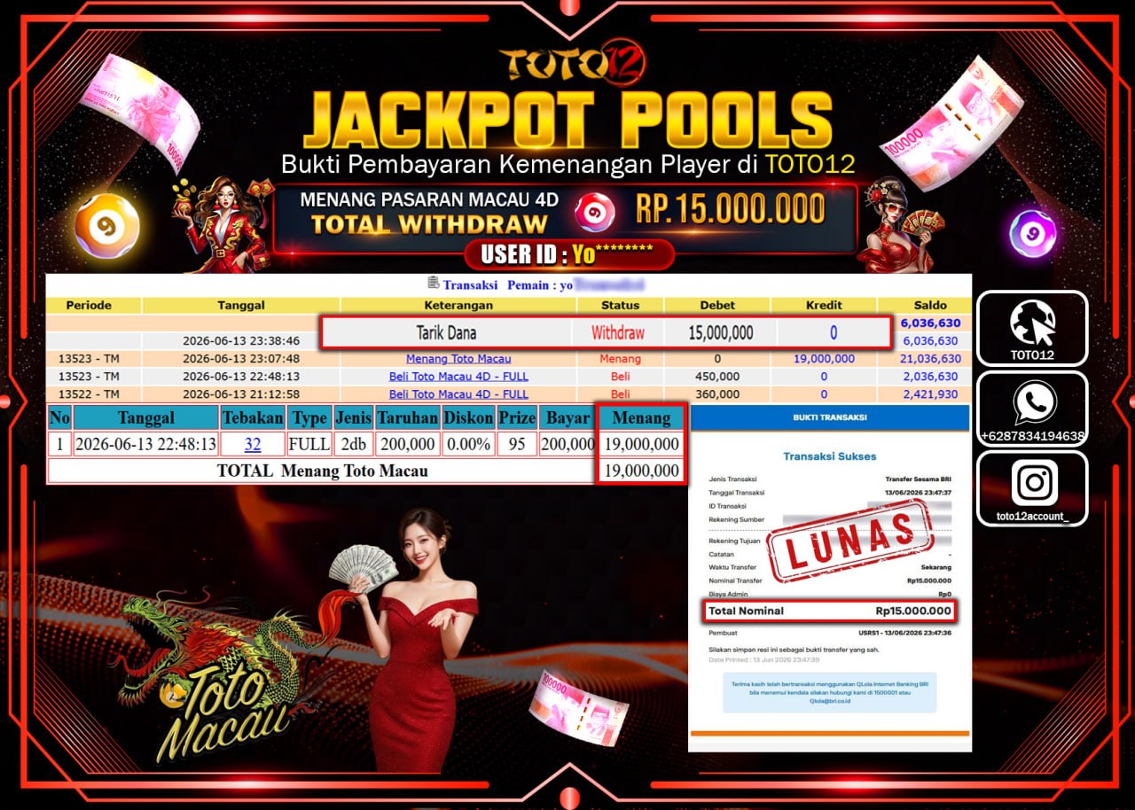 HANYA DI TOTO12 JP PASTI DI BAYAR LUNAS DAN CEPAT!!!!!! JACKPOT POOLS PASARAN (MACAU 4D) Rp15.000.000!!!!