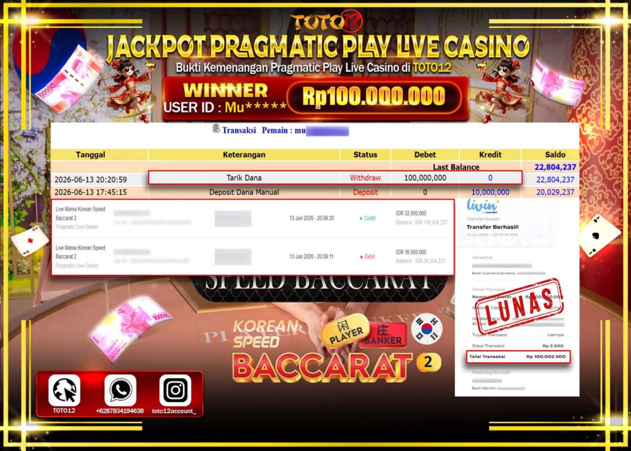HANYA DI TOTO12 JP PASTI DI BAYAR LUNAS DAN CEPAT!!!!!! JACKPOT PRAGMATIC PLAY LIVE GAME CASINO (LIVE MANIA KOREAN SPEED BACCARAT 2) Rp100.000.000!!!!
