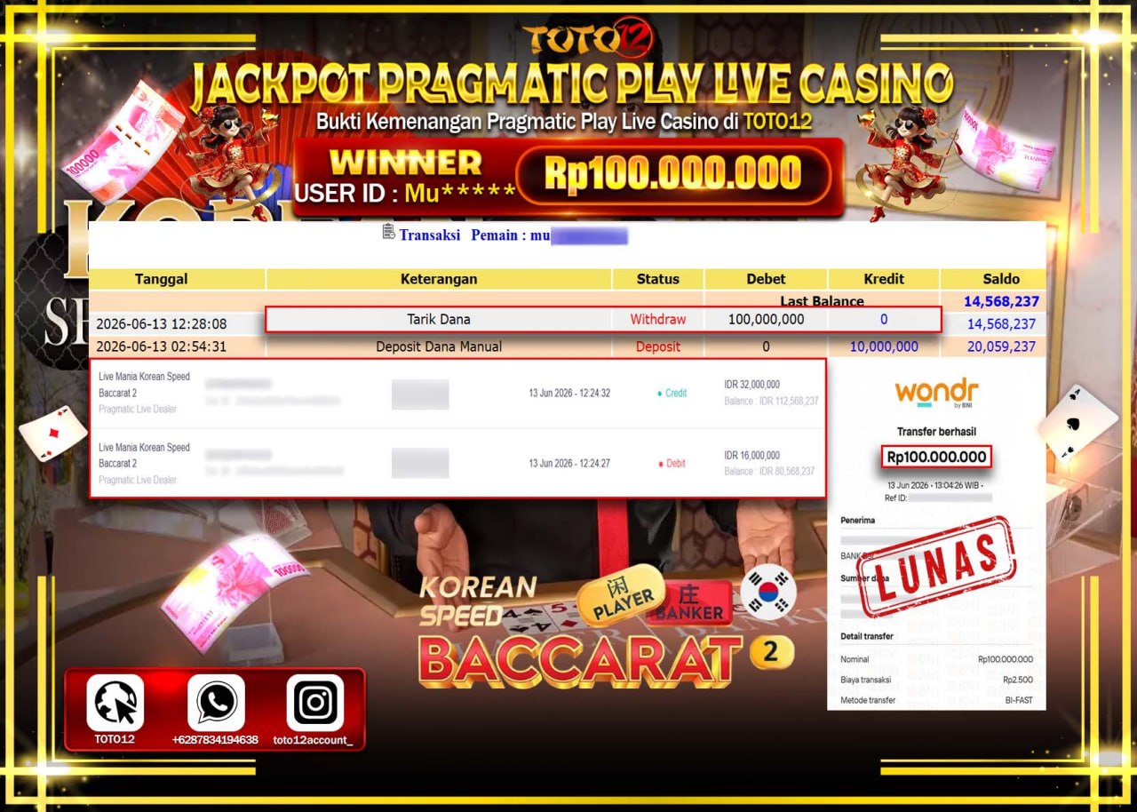 HANYA DI TOTO12 JP PASTI DI BAYAR LUNAS DAN CEPAT!!!!!! JACKPOT PRAGMATIC PLAY LIVE GAME CASINO (LIVE MANIA KOREAN SPEED BACCARAT 2) Rp100.000.000!!!!