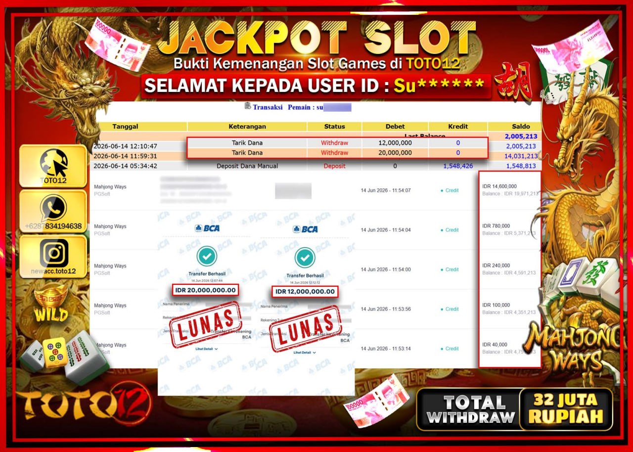 HANYA DI TOTO12 JP PASTI DI BAYAR LUNAS DAN CEPAT!!!!!! JACKPOT SLOT GAME (MAHJONG WAYS) Rp32.000.000!!!!