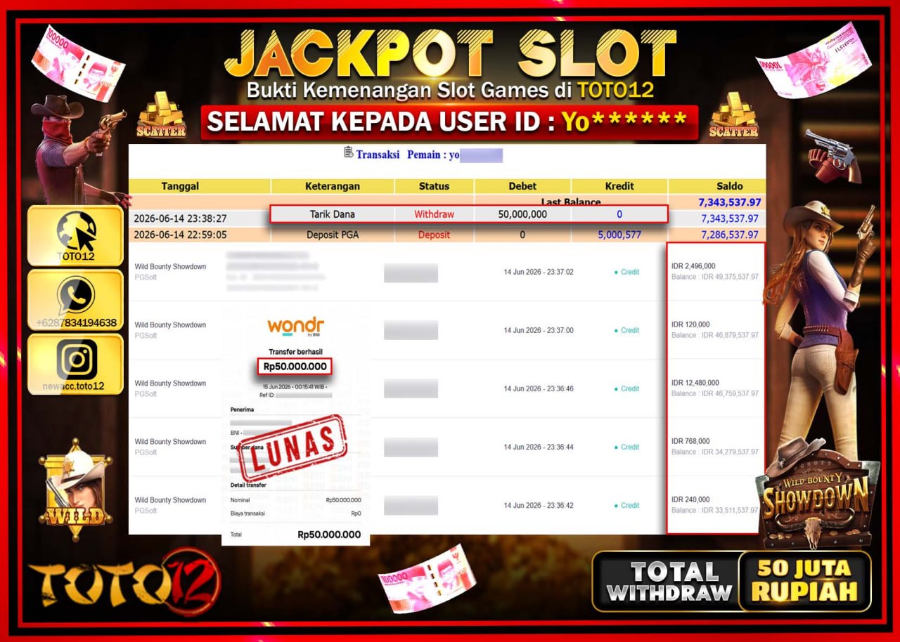 HANYA DI TOTO12 JP PASTI DI BAYAR LUNAS DAN CEPAT!!!!!! JACKPOT SLOT GAME (WILD BOUNTY SHOWDOWN) Rp50.000.000!!!!
