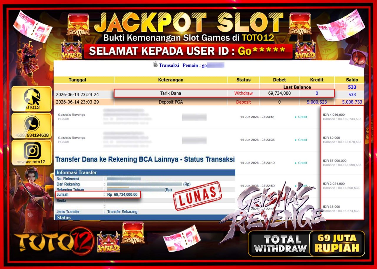 HANYA DI TOTO12 JP PASTI DI BAYAR LUNAS DAN CEPAT!!!!!! JACKPOT SLOT GAME (GEISHAS REVENGE) Rp69.734.000!!!!