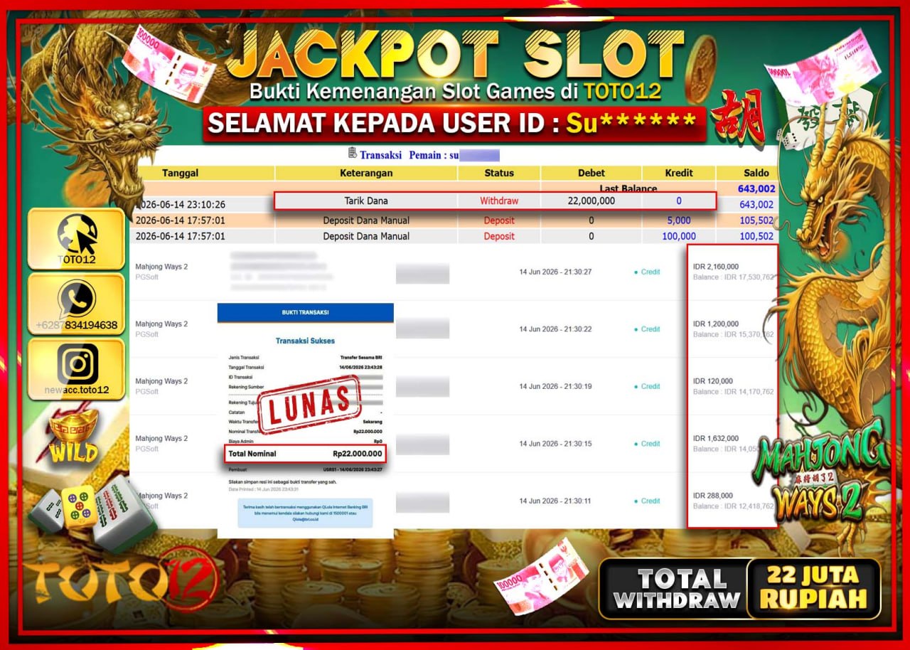 HANYA DI TOTO12 JP PASTI DI BAYAR LUNAS DAN CEPAT!!!!!! JACKPOT SLOT GAME (MAHJONG WAYS 2) Rp22.000.000!!!!