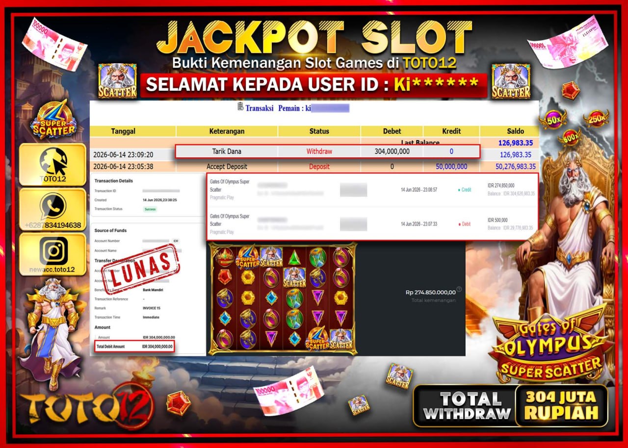 HANYA DI TOTO12 JP PASTI DI BAYAR LUNAS DAN CEPAT!!!!!! JACKPOT SLOT GAME (GATES OF OLYMPUS SUPER SCATTER) Rp304.000.000!!!!