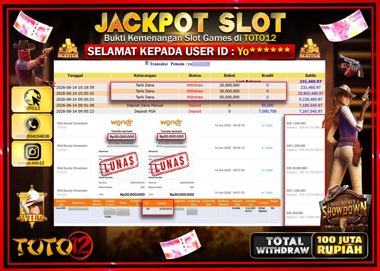 HANYA DI TOTO12 JP PASTI DI BAYAR LUNAS DAN CEPAT!!!!!! JACKPOT SLOT GAME (WILD BOUNTY SHOWDOWN) Rp100.000.000!!!!