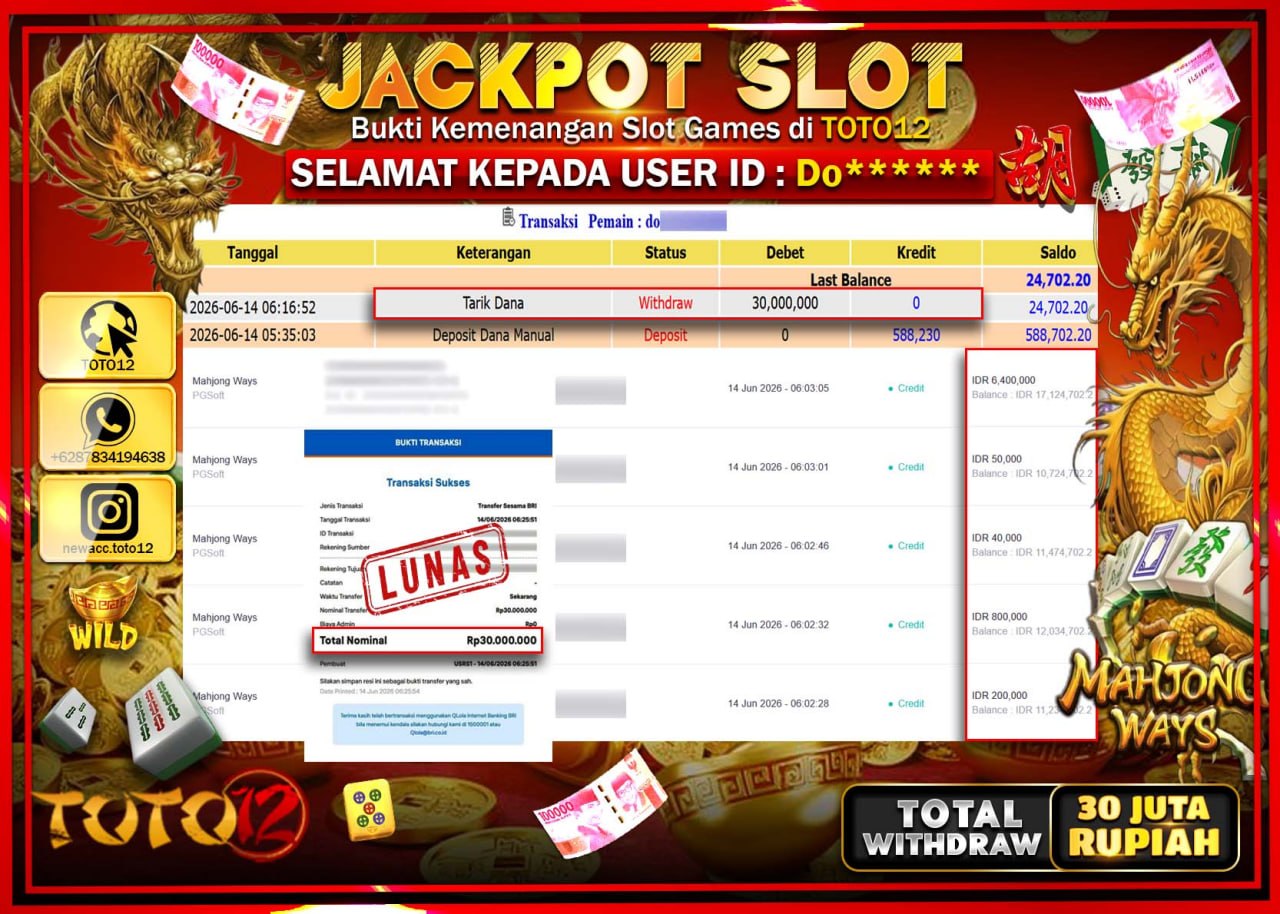 HANYA DI TOTO12 JP PASTI DI BAYAR LUNAS DAN CEPAT!!!!!! JACKPOT SLOT GAME (MAHJONG WAYS) Rp30.000.000!!!!